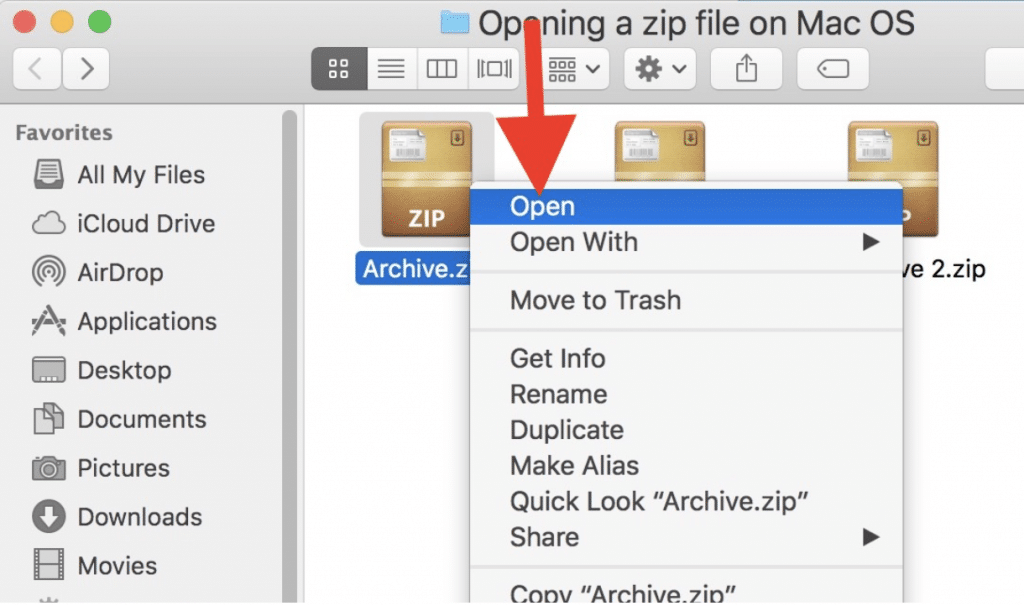 The Open and Open With options for opening a ZIP file on a Mac