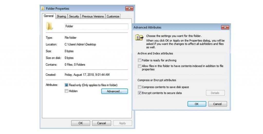 Screenshot showing how to password protect a folder in Windows