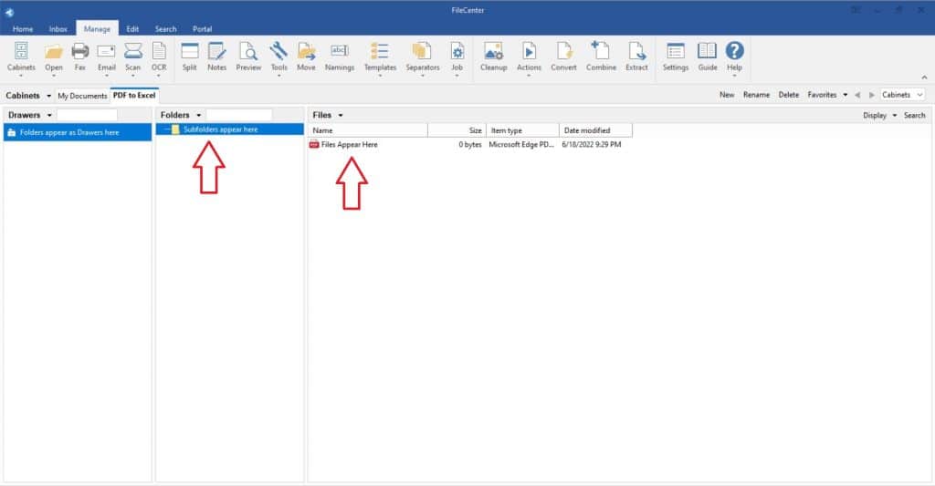 Within FileCenter’s Cabinets, the software organizes subfolders into Drawers and Folders, which hold Files