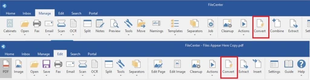 You can access the Convert button from either the Manage or Edit tab
