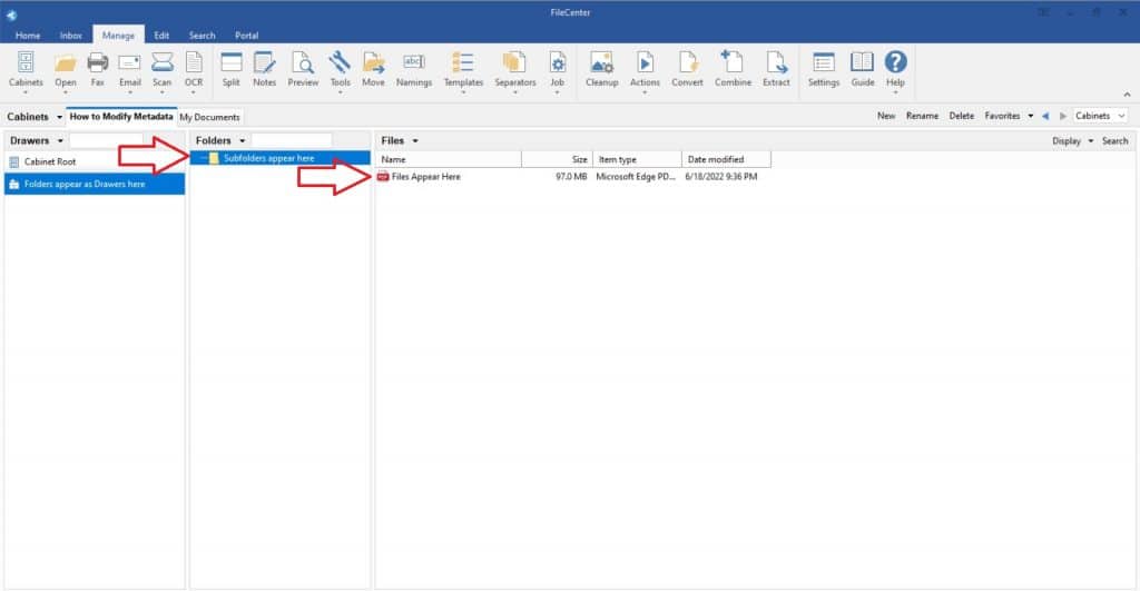 Individual subfolders and documents are accessible in the Manage tab