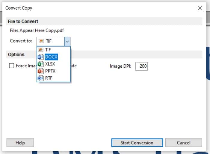 Select DOCX from the menu to convert your PDF to Word