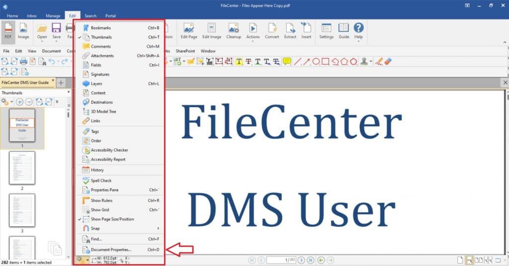 Select Document Properties at the bottom of the Options menu to view and edit metadata