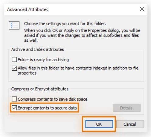 In the Advanced Attributes menu, select "Encrypt contents to secure data."