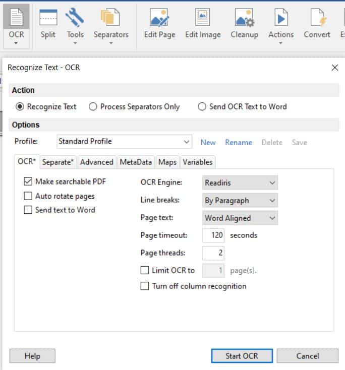 The OCR menu provides options for how FileCenter converts physical pages into digital text