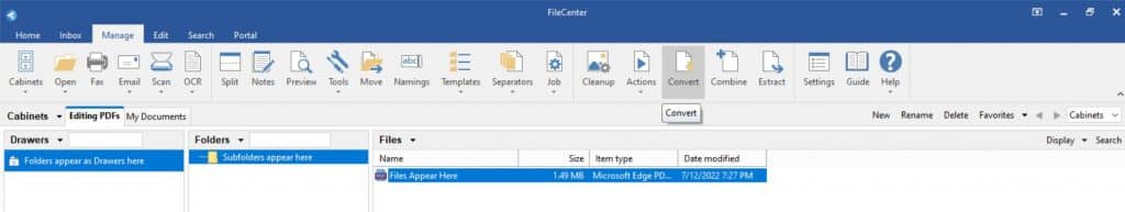 Select the Convert button from FileCenter’s Manage tab