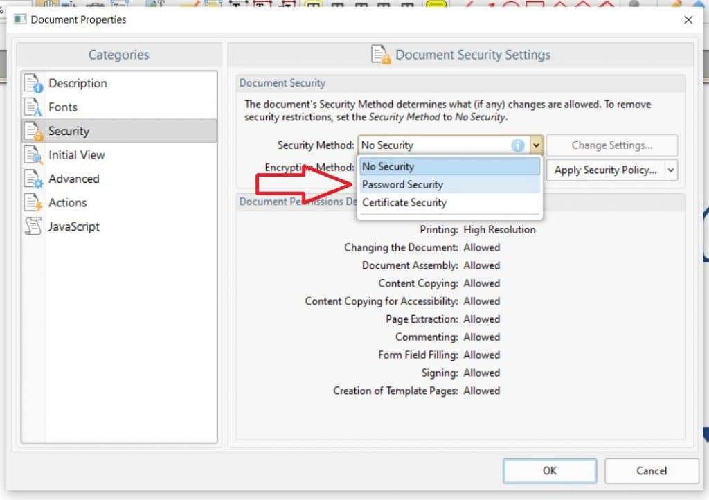 Select Password Security from the Security Method dropdown menu