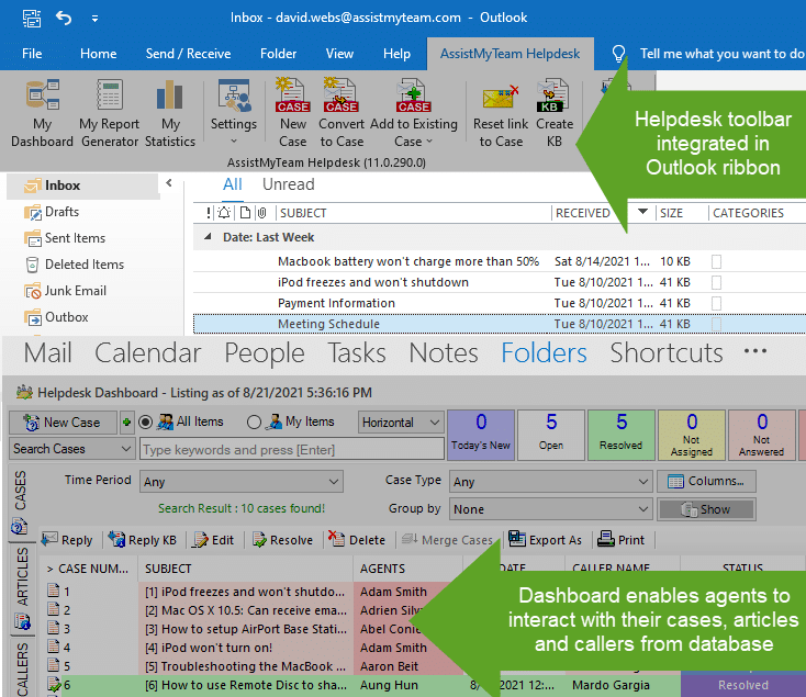 An example of an email ticketing system embedded directly into Outlook