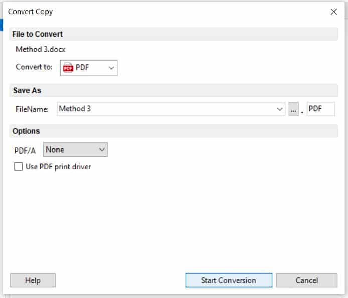 Select your options and press the Start Conversion button to create a new PDF file