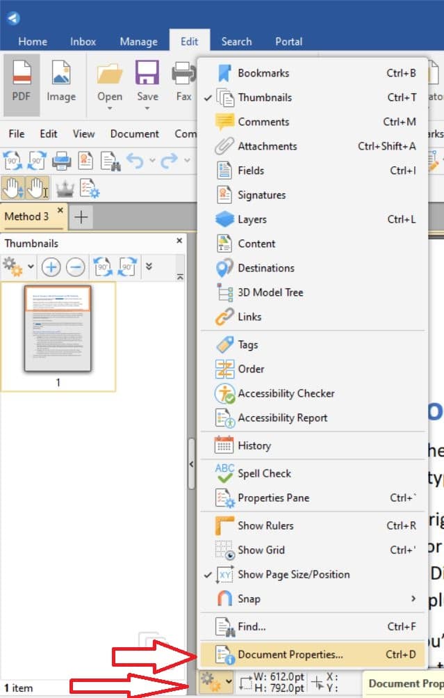 Open Document Properties from the Options menu or press CTRL + D to open the Document Properties menu