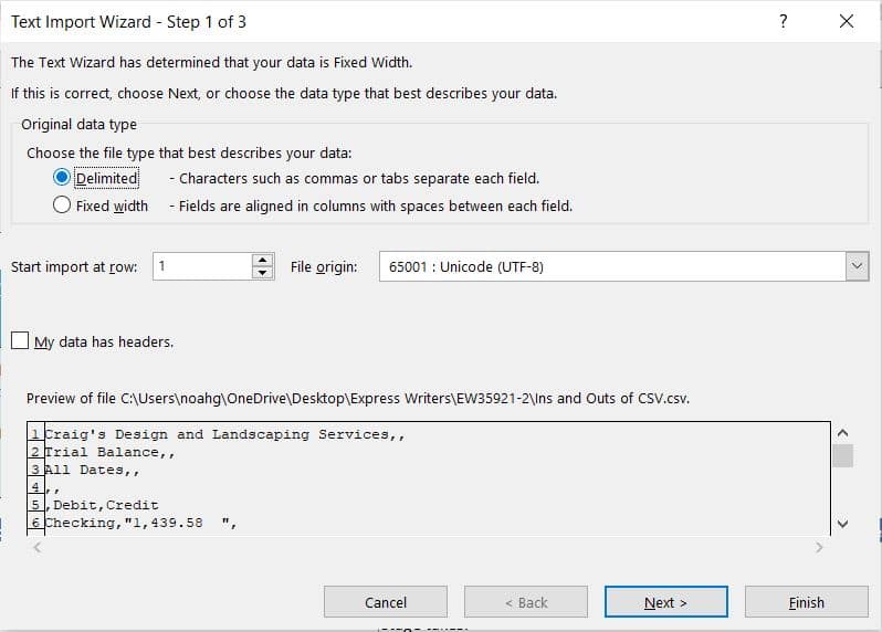 Select Delimited to let Excel know your CSV is a delimited text file
