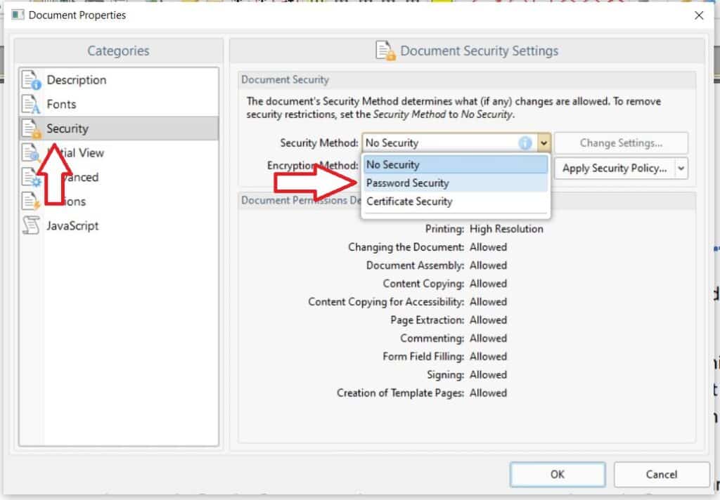 Select “Password Security” from the Security Method drop-down menu within the Security category