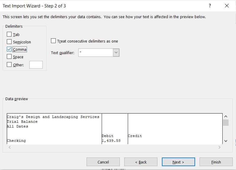 Select your delimiter and click Next or Finish to convert your CSV file