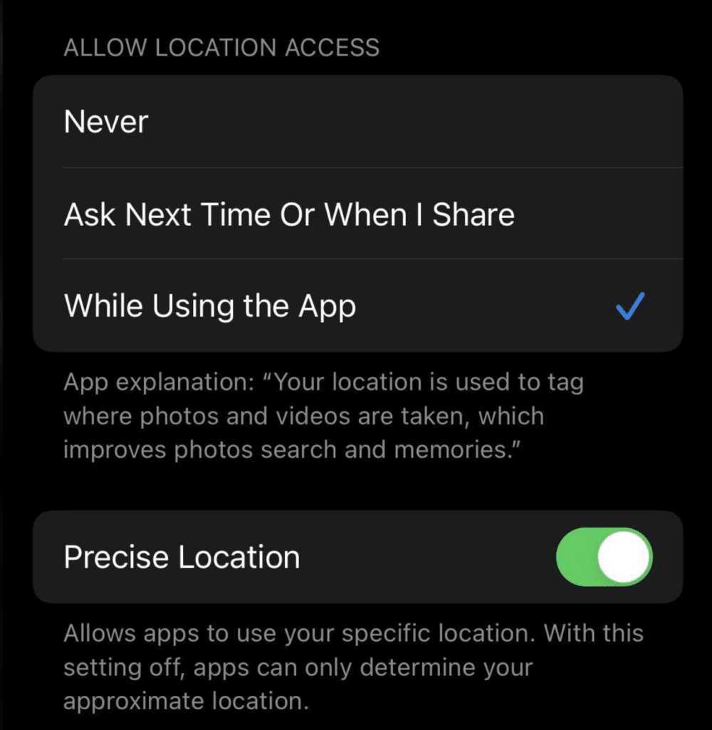 iOS Location Services options