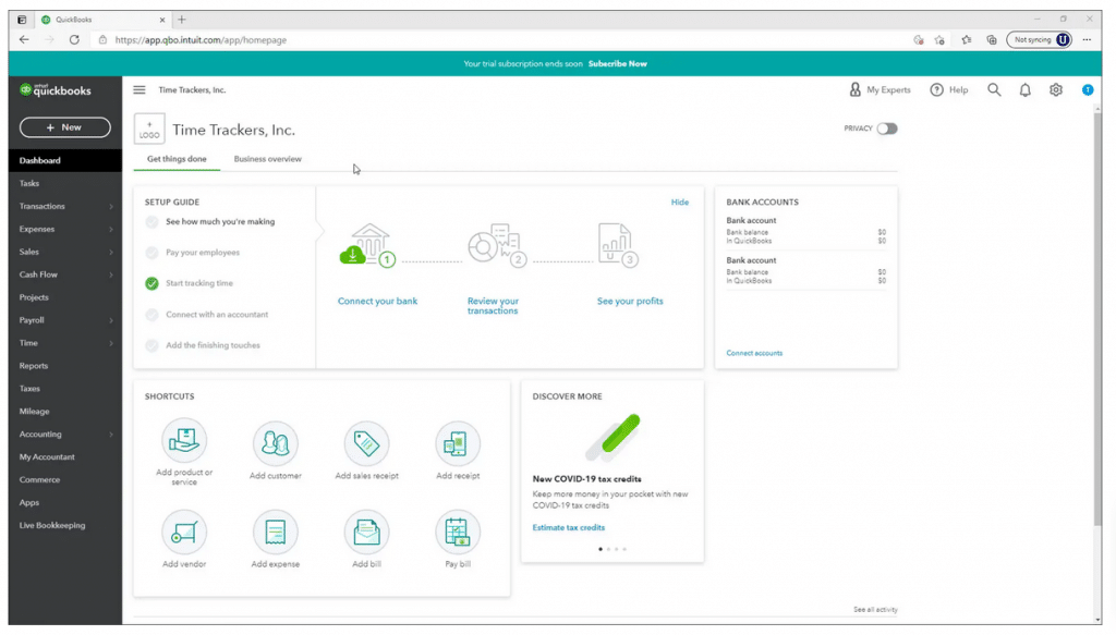 The dashboard for Quickbooks Online, a small business bookkeeping software