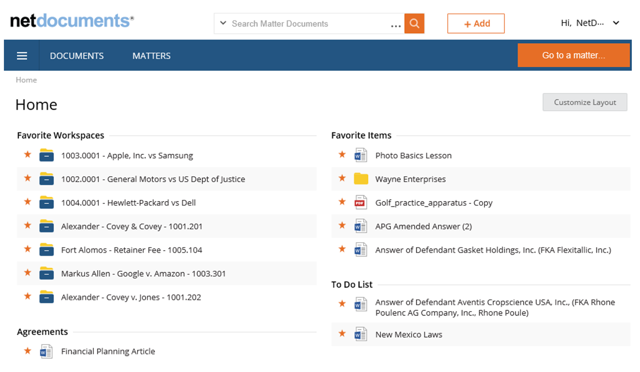 NetDocuments' home navigation page